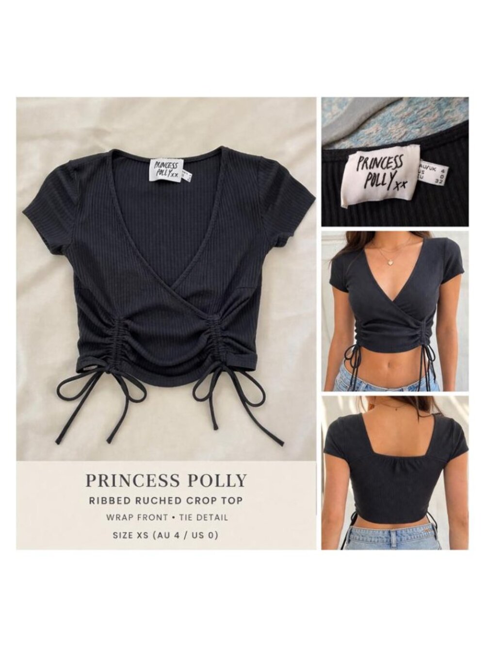 Princess Polly Ribbed Ruched Crop Top Wrap Tie Front Y2K Coquette XS